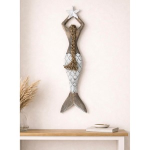 Sculpture murale artisanale en bois de teck, queue de sirène, vente en gros Inde - Product Image 1