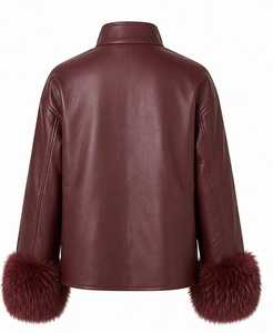 Elegante Chaqueta Blusón de Cuero Genuino Color Borgoña con Puños de Piel, Cuello Alto, Abrigo de Invierno para Mujer, Estilo Corto - Product Image 5