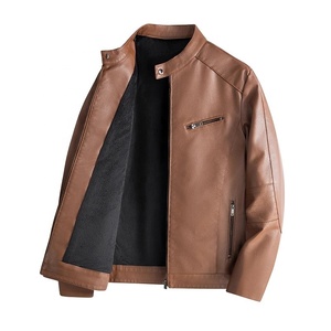 Veste en jean en cuir marron pour homme, col rond, fermeture éclair, style décontracté, doublure en fausse fourrure, vêtement d'hiver, séchage rapide et écologique - Product Image 1