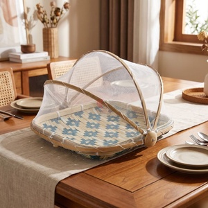 Plateau de couverture alimentaire empilable en bambou tressé écologique, résistant à l'humidité, avec couvercle anti-poussière en maille de bambou, forme carrée, pour rangement de cuisine - Product Image 2