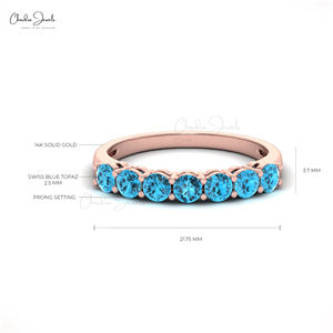 Anillo de media eternidad con topacio azul suizo natural de 3 mm, corte redondo, en oro rosa de 14 quilates, joyería apilable para boda, talla US-5.5 - Product Image 2