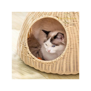 Lit pour chat en osier naturel, panier de couchage portable pour animaux de compagnie d'intérieur - Product Image 6