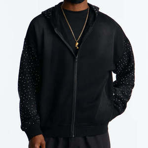 Sudadera con capucha negra extragrande con cremallera y patrón de puntos brillantes para hombre, de poliéster tejido, para otoño, corte regular - Product Image 2