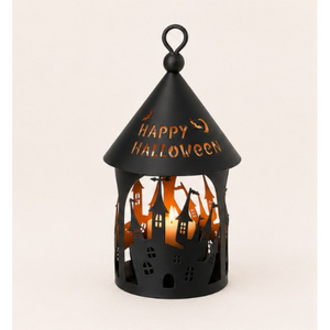 Spooky Black Metal Halloween <b>Lantern</b> Tealight Holder Haunted House Silhouette & Happy Halloween Cut-out Tabletop Ornament - Product Image 1