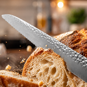 Custom Handmade Eco-Friendly Dishwasher Safe Forged <b>Bread</b> <b>Knife</b> in Damascus Steel with Wooden Handle and Leather Sheath - Product Image 3