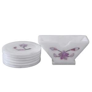 Handcrafted White <b>Marble</b> <b>Coaster</b> with Seashell Stone Inlay Elegant Table Decor - Product Image 2