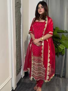 Indian Designer Faux Georgette Pearl Moti Real Mirror Hand Embroidery Work Floor-Length Regular Fit Party <b>Wedding</b> <b>Top</b> Set - Product Image 3