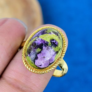 Bague en pierre précieuse Sticktite violette naturelle et verte, or 18 carats, argent sterling 925 micronisé - Product Image 3