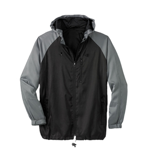 Veste coupe-vent à capuche pour homme, tricolore, hiver, 100% nylon, imperméable, avec empiècements color block en V, col montant, fermeture éclair - Product Image 6