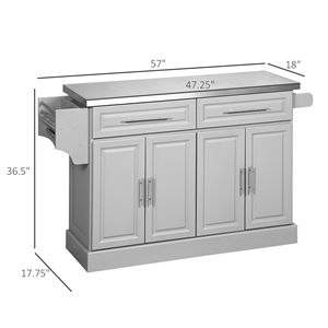 Carrello da Cucina Grigio in Bambù, MDF e Pino con Piano in Acciaio Inox, Cassetti, Ripiani e Armadietti su Ruote - Product Image 3