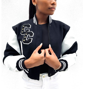 Unique Black Women's Cropped Varsity Bomber Slogan B Jacket Baseball Jacket For Women Crop Wool And Letterman Jacket For Women - Product Image 1