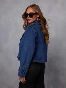 2026 Spring Autumn Stylish Long Sleeve Double Breasted Solid Cropped Denim Motorcycle <b>Jacket</b> for Women - Product Image 3