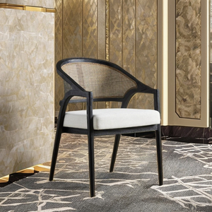 Silla de comedor moderna y elegante con madera de teca maciza y acabado negro de ratán para el hogar, cocina, hotel, restaurante o villa - Product Image 1