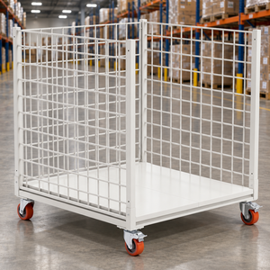 Carro de Almacenamiento Industrial con Rejilla Metálica Blanca, Cuatro Ruedas y Recubrimiento en Polvo - Product Image 4