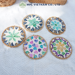 Handcrafted Eco-Friendly Vintage Design Rattan Coaster Set Mother Pearl Inlaid 100mm Diameter 10mm Thickness Natural - Product Image 4