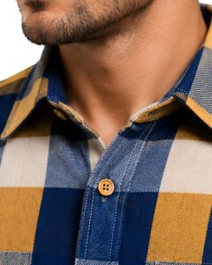 Navy Beige Plaid Men Flannel Shirt Long Sleeve Button <b>Down</b> Checkered Cotton Casual Shirt With Chest Pockets Streetwear Overshirt - Product Image 3