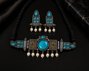 Joyería Bohemia Vintage para Mujer al por Mayor, Chapada en Plata Oxidada de Dos Tonos, con Piedra Monalisa, Conjunto de Gargantilla y Pendientes con Engaste de Bisel - Product Image 6