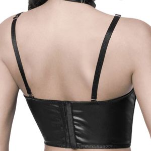 Women's <b>Black</b> Wet Look <b>Harness</b> Style Crop Top Adjustable Strap Stretch Sleeveless Fashion Clubwear Body Fit Apparel Top - Product Image 3