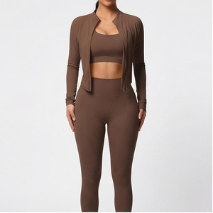 <b>Brown</b> 2 Piece Yoga Set High Waist <b>Leggings</b> Crop Top Full Length Seamless Sportswear Women's Activewear - Product Image 1