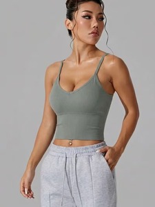 High <b>Stretch</b> Seamless Knit White Athletic <b>Bra</b> | Deep V Neck Strappy Yoga Top | Compression Molded Non Fade Sportwear Cami - Product Image 3