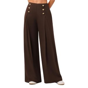 Pantalones de Vestir Personalizados con Detalle de Botones de Chocolate para Mujer, de Algodón y Poliéster, Cintura Alta, Pierna Ancha, Pantalones de Oficina - Product Image 1
