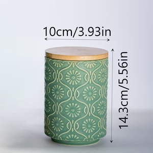 Pot en céramique haut de gamme avec couvercle en bambou, motif floral en relief, hermétique, anti-humidité, organiseur de cuisine, décoration élégante pour comptoir - Product Image 6
