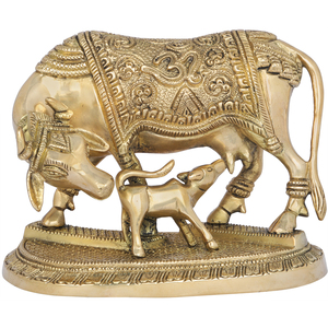 Estatua de latón de 4 pulgadas hecha a mano de madre Vaca y becerro escultura India artesanía - Product Image 1