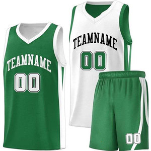 Ensemble de maillots de basket personnalisés vert et blanc, uniforme en maille sans manches à col en V sublimé avec nom et numéro d'équipe pour adultes, toutes saisons - Product Image 1