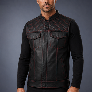Gilet de moto réversible sans manches en cuir véritable pour homme, personnalisable, multi-poches, imperméable - Product Image 1