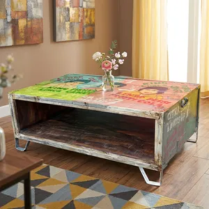 Vintage <b>Reclaimed</b> <b>Wooden</b> Painted Living Room Coffee Table with Retro Colorful Graphic Top and Open <b>Shelf</b> For Home Farmhouse - Product Image 4