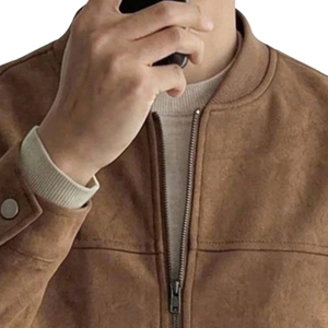 <b>Mens</b> Brown <b>Suede</b> Style <b>Jacket</b> Stand Collar Full Zip Front Long Sleeve Snap Cuff Casual Bomber <b>Jacket</b> Regular Fit Outerwear - Product Image 4