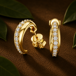 Custom Jewelry 18K <b>Solid</b> Gold Lab Grown Diamond Half <b>Hoop</b> <b>Earrings</b> Round Cut Diamond Screw Back <b>Earrings</b> Fine Jewelry for Womens - Product Image 1