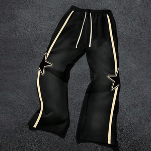 Pantalon évasé noir pour homme avec bandes latérales dorées et décoration étoile, taille élastique, pantalon de jogging tricoté décontracté, streetwear personnalisé - Product Image 6