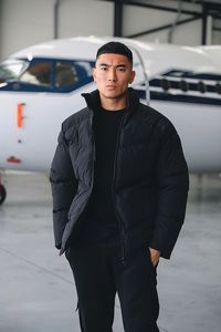 Men's <b>Light</b> Gray Stand Collar <b>Puffer</b> <b>Jacket</b> Windproof Zipper Closure Casual Winter Coat Polyester Wadding Loose Fit - Product Image 5