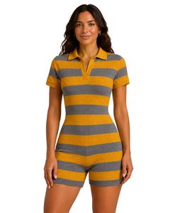 Mono de punto a rayas amarillo y gris para mujer, manga corta, cuello polo, algodón, verano, informal, de una pieza, ajustado, diseño personalizado - Product Image 1