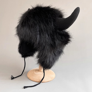 Wholesale Custom Logo Winter <b>Plain</b> Funny Warm Ear Protection and Cold Riding Plush Insulation Cowhorn Hat - Product Image 3