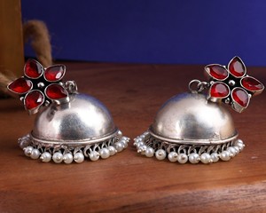 Factory Direct Red Stone <b>Oxidized</b> Silver Jhumka Earrings Handmade Pearl Drop Ethnic Traditional Indian Jewelry for Women - Product Image 4