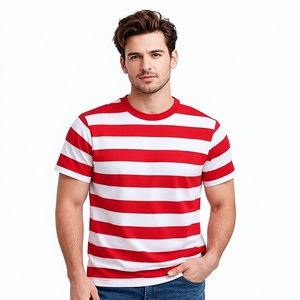 T-shirt pour homme en coton respirant à rayures rouges et blanches, col rond, grande taille |   Chemise décontractée à manches courtes pour un usage quotidien, coupe décontractée - Product Image 1