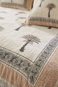 Handmade Cotton Palm Tree Print Reversible Kantha <b>Quilt</b> Bedspread Boho <b>Bedding</b> Blanket FABRIA CK-005 All-Season Lightweight - Product Image 2
