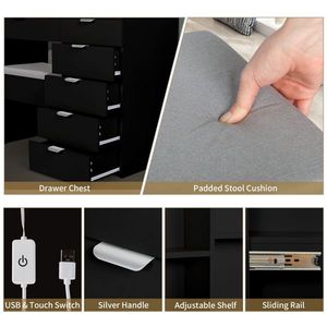 Modern Design <b>Dressing</b> Table Set 6-Pump Triamine Veneer 2-Shelf Mirror Cabinet with 3-Tone Light Bulbs Black for Bedroom - Product Image 4