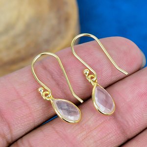 Natural Crystal Quartz Pear Shape Gemstone Drop Dangle Earring Handmade 18k Gold Micron Over 925 <b>Sterling</b> <b>Silver</b> - Product Image 4