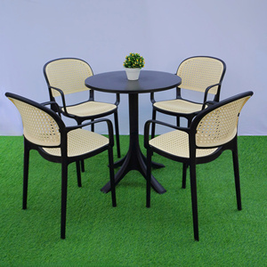 The <b>Black</b> Colored Round Plastic <b>Table</b> with Pedestral <b>Table</b> Base - An Elegant <b>Outdoor</b> Plastic <b>Table</b> for a Garden Evening - Product Image 2