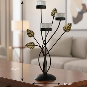 Support à bougie en métal noir Moradabad Art Metal Ware, design feuille, 35 cm de hauteur, résistant à la chaleur, décoration d'intérieur, durable, forme irrégulière - Product Image 1