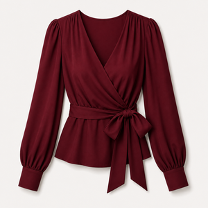 Chemisier élégant pour femme à nouer devant, manches longues, style portefeuille, décontracté, en mousseline douce, coupe ajustée et féminine - Product Image 1
