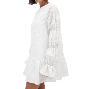 Vestido casual ajustado de mujer, blanco liso, hasta la rodilla, de encaje y malla, estilo bodycon, para fiesta, acampanado, lavable, de algodón bordado - Product Image 2