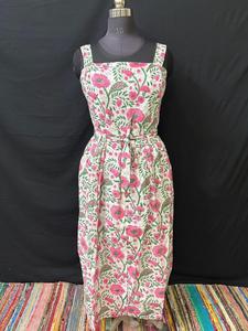 Robe midi pour femme 100% coton tissé, imprimée à la main au bloc, avec bretelles à nouer et dos lacé, motif floral, style estival décontracté et de villégiature - Product Image 2