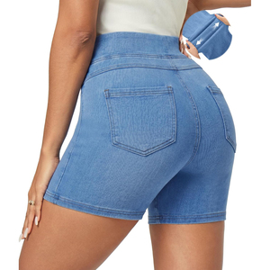 Shorts de Mezclilla de Cintura Alta para Mujer, Color Azul Sólido, Casuales, Transpirables, con Bolsillos, Corte Recto, Precio de Fábrica, OEM, ODM - Product Image 6