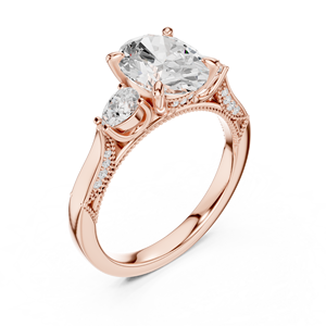 Bague de fiançailles vintage en or rose avec trois diamants ovales de laboratoire et serti milgrain pour femme - Product Image 4