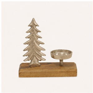 Handcrafted Silver Metal Christmas Tree <b>Tea</b> Light Holder With Solid Wooden Base Rustic Aluminum Holiday Candle <b>Stand</b> For Table - Product Image 2