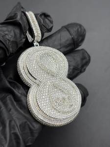 Luxury Number 8 Moissanite Diamond 925 <b>Silver</b> Rhodium Plated Micro Insert Round Brilliant Cut Unisex Everyday Wear <b>Charm</b> Pendant - Product Image 4